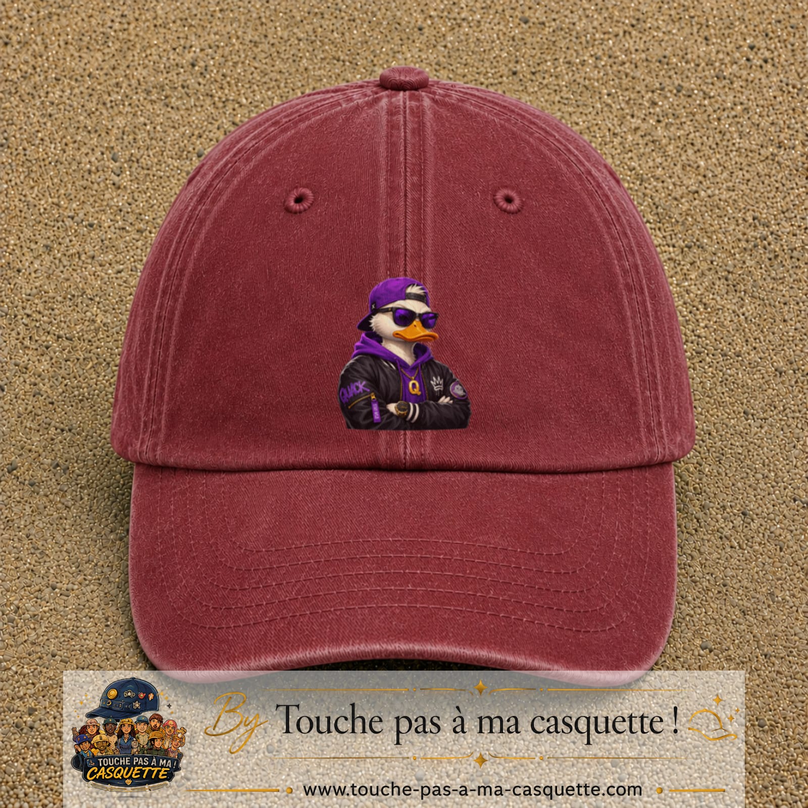 Casquette Rouge délavé - Bordeaux délavé 100% coton avec motif Canard rappeur violet 7 cm - image principale