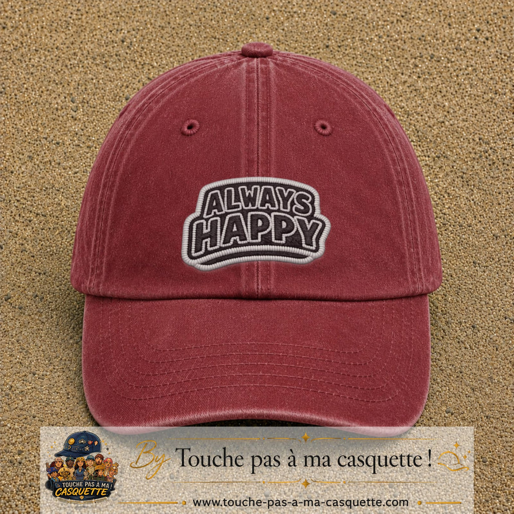 Casquette Rouge délavé - Bordeaux délavé motif Message Always Happy 7 cm - vue principale