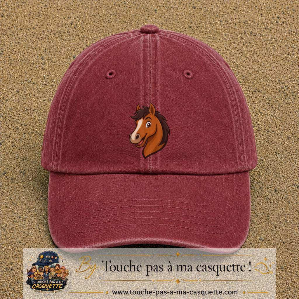 Casquette baseball Rouge délavé - Bordeaux délavé 100% coton avec visuel Cheval souriant 7 cm - image produit principale