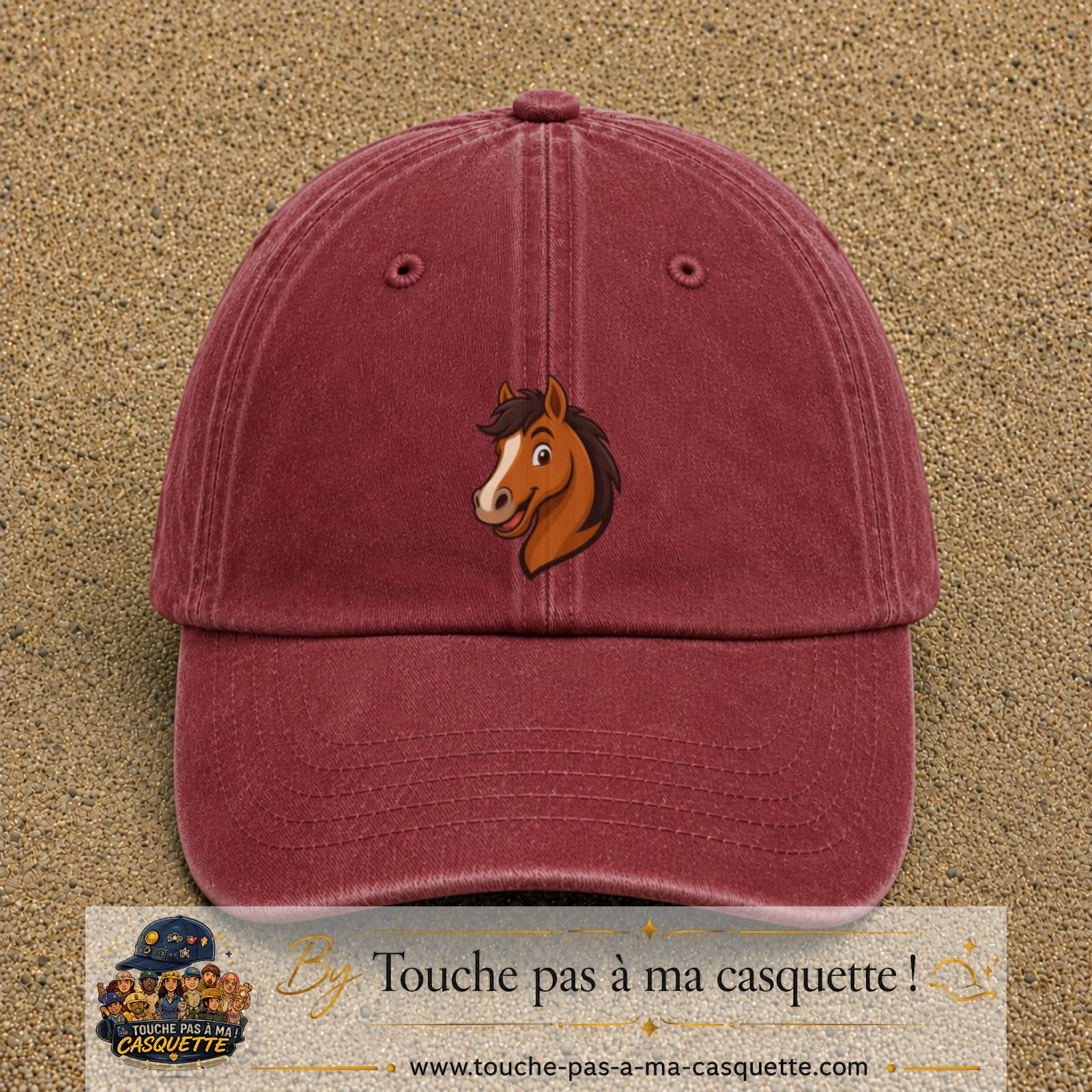 Casquette baseball Rouge délavé - Bordeaux délavé 100% coton avec visuel Cheval souriant 7 cm - image produit principale