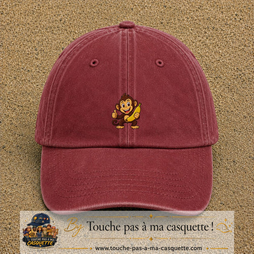 Casquette baseball Rouge délavé - Bordeaux délavé 100% coton avec motif Singe à la banane 3 cm - image principale