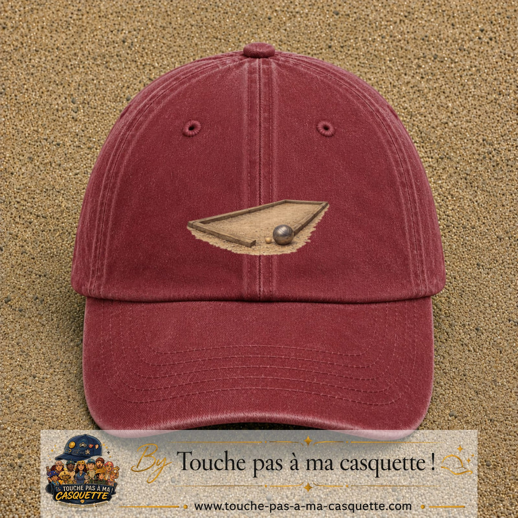 Casquette baseball Rouge délavé - Bordeaux délavé 100% coton avec motif Terrain de pétanque 7 cm - image principale