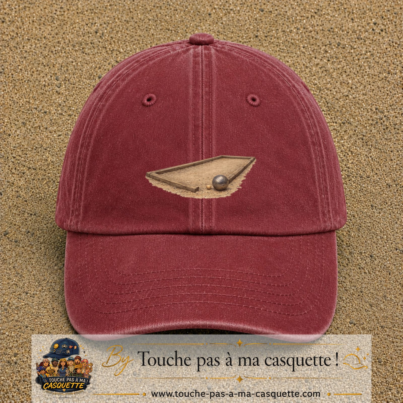 Casquette baseball Rouge délavé - Bordeaux délavé 100% coton avec motif Terrain de pétanque 7 cm - image principale