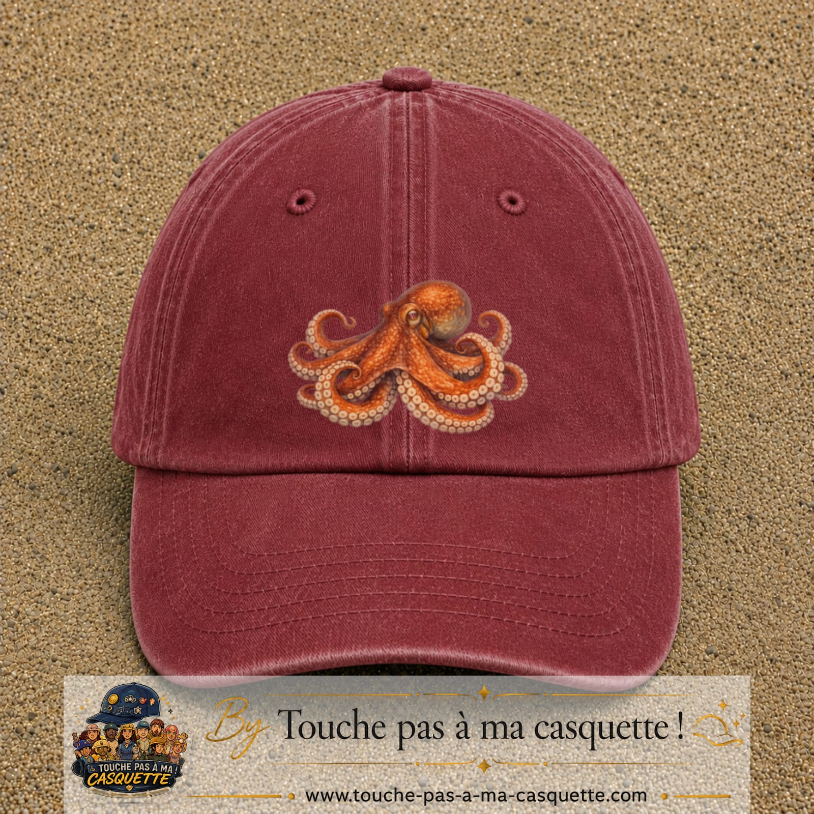 Casquette Rouge délavé - Bordeaux délavé motif Poulpe marin 7 cm - vue principale
