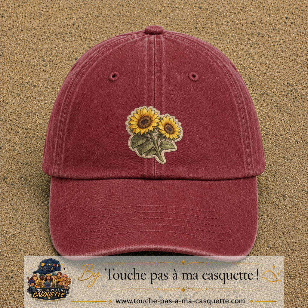 Casquette Rouge délavé - Bordeaux délavé motif Duo de tournesols 7 cm - vue principale
