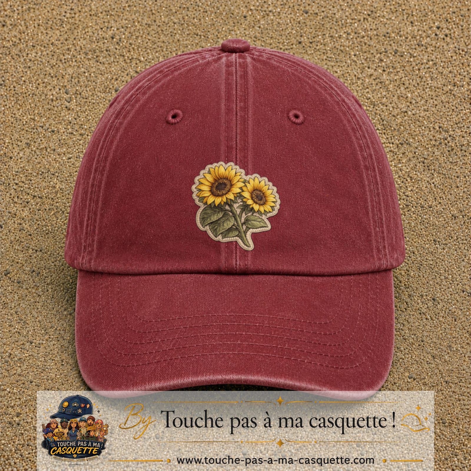 Casquette Rouge délavé - Bordeaux délavé motif Duo de tournesols 7 cm - vue principale