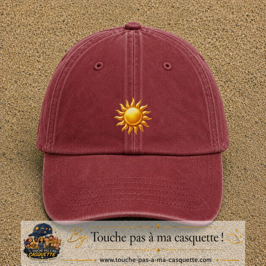 Casquette baseball Rouge délavé - Bordeaux délavé 100% coton avec visuel Soleil brillant 5 cm - image produit principale