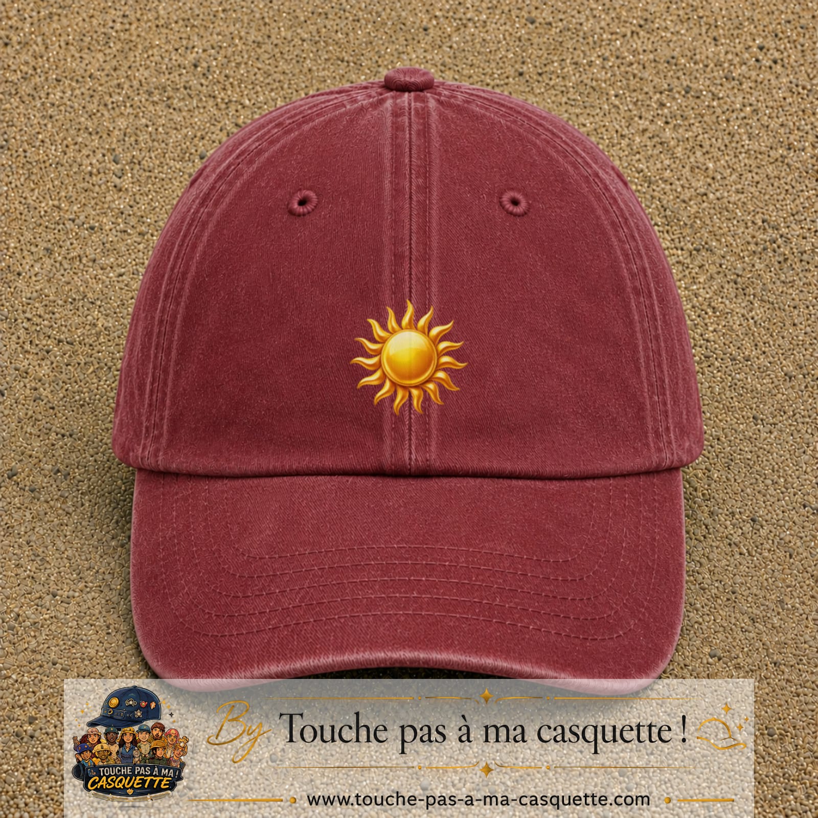 Casquette baseball Rouge délavé - Bordeaux délavé 100% coton avec visuel Soleil brillant 5 cm - image produit principale