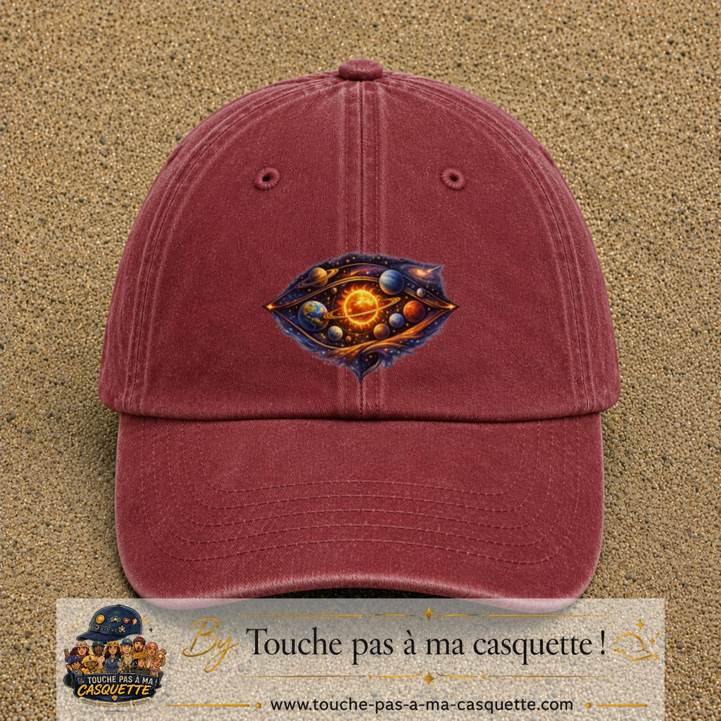 Casquette baseball Rouge délavé - Bordeaux délavé 100% coton avec visuel Galaxie système solaire 7 cm - image produit principale