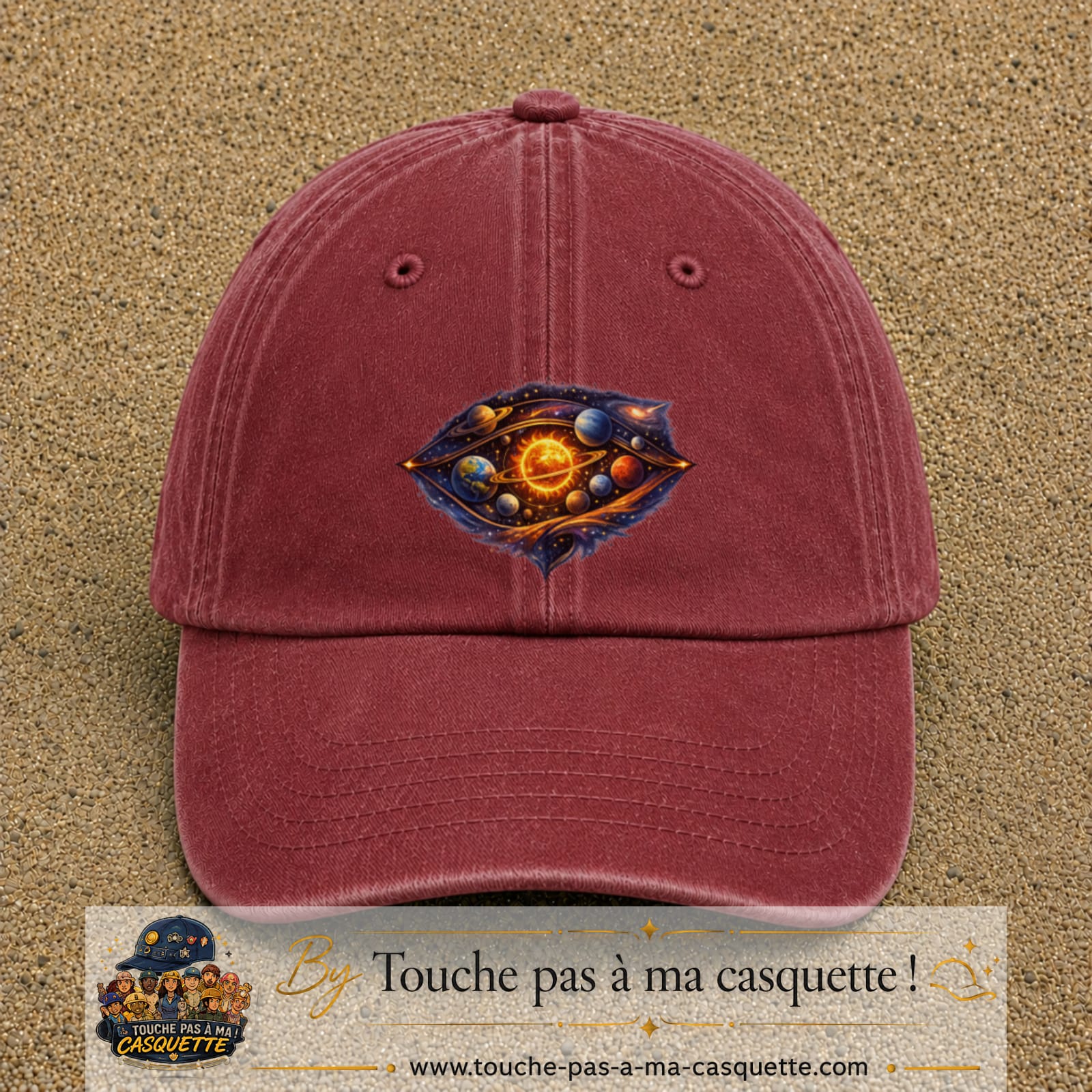 Casquette baseball Rouge délavé - Bordeaux délavé 100% coton avec visuel Galaxie système solaire 7 cm - image produit principale