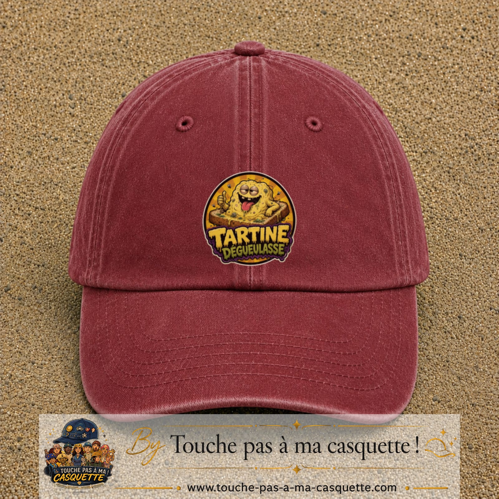 Casquette baseball Rouge délavé - Bordeaux délavé 100% coton avec visuel Tartine dégueulasse 7 cm - image produit principale