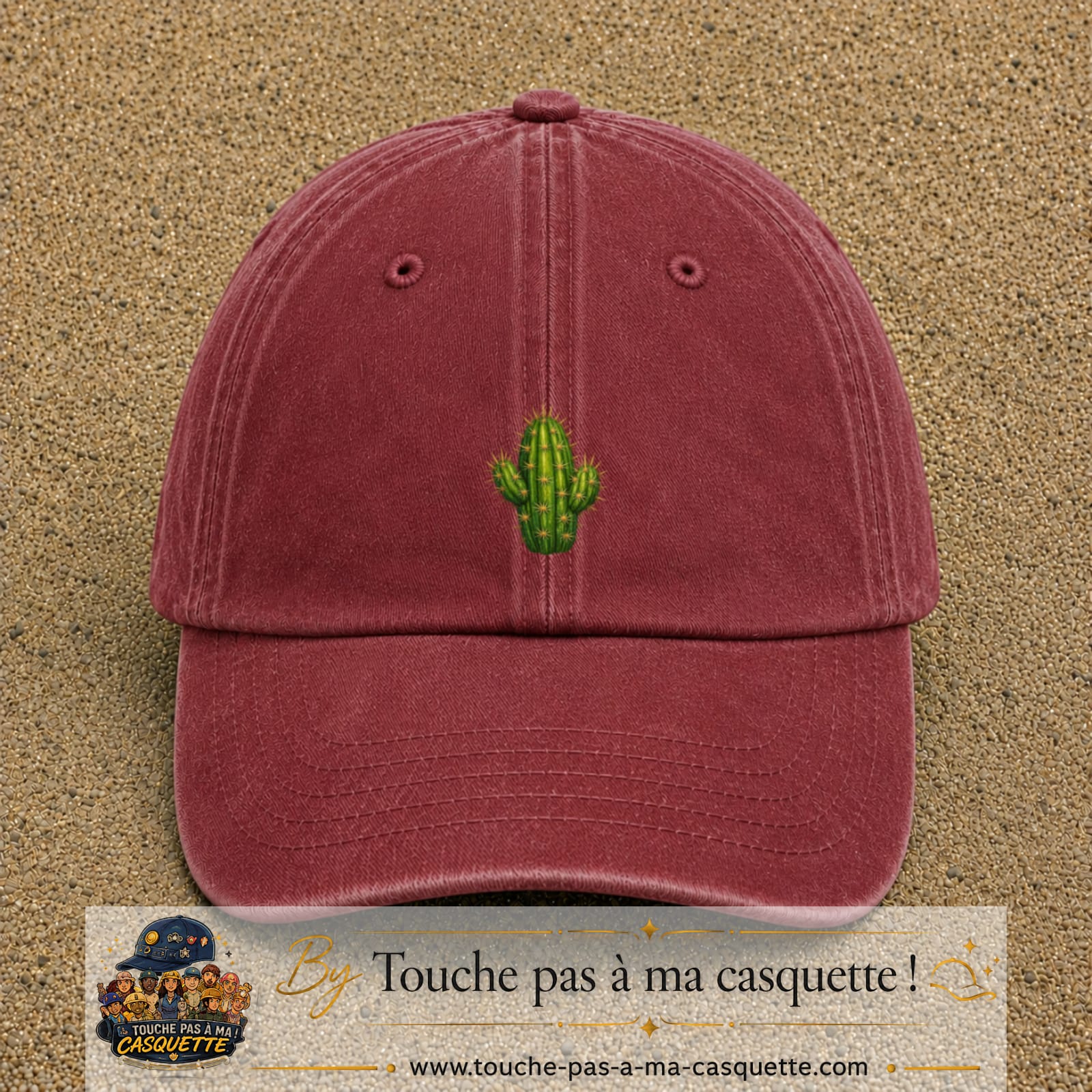 Casquette baseball Rouge délavé - Bordeaux délavé 100% coton avec visuel Cactus épineux 5 cm - image produit principale