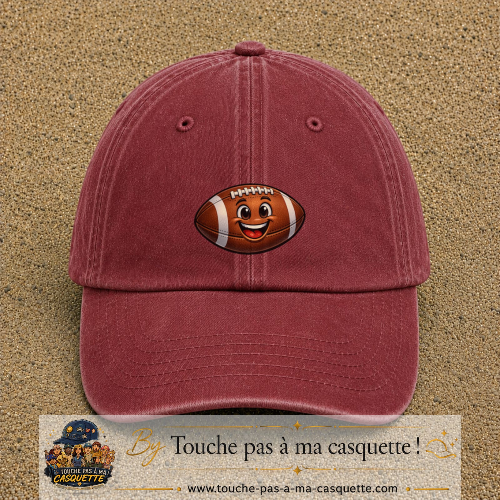 Casquette Rouge délavé - Bordeaux délavé 100% coton avec motif Ballon de rugby sourire 5 cm - image principale