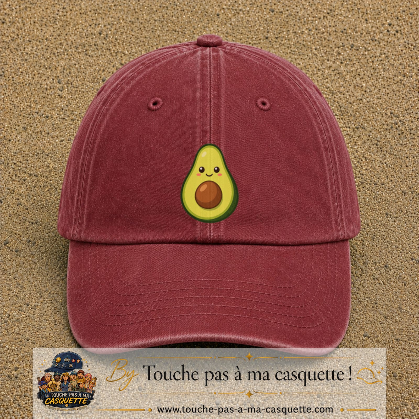 Casquette baseball Rouge délavé - Bordeaux délavé 100% coton avec visuel Avocat kawaii 7 cm - image produit principale