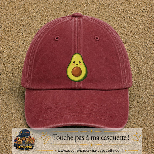 Casquette baseball Rouge délavé - Bordeaux délavé 100% coton avec visuel Avocat kawaii 7 cm - image produit principale