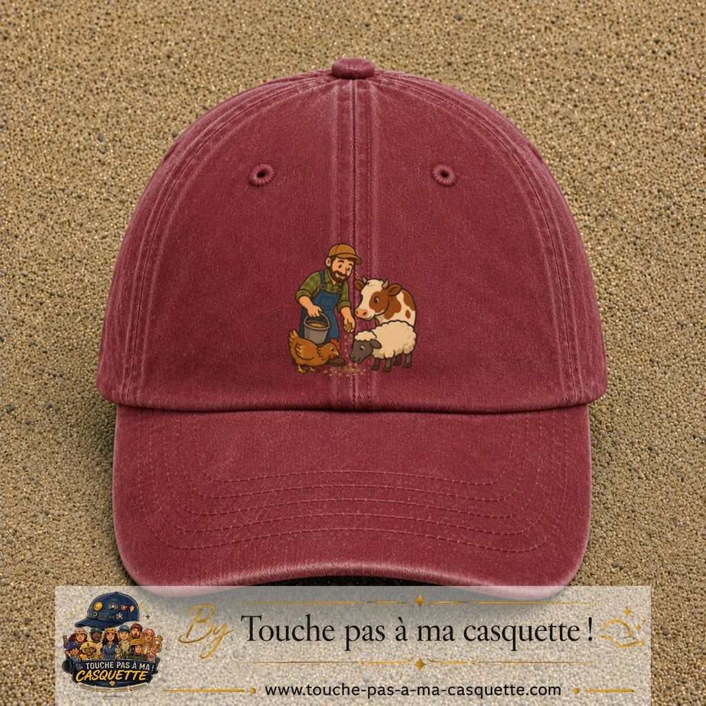Casquette Rouge délavé - Bordeaux délavé 100% coton avec motif Fermier et animaux 7 cm - image principale