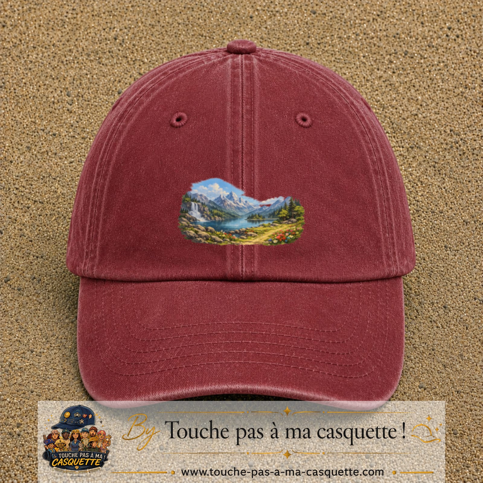 Casquette baseball Rouge délavé - Bordeaux délavé 100% coton avec motif Paysage montagne lac 5 cm - image principale