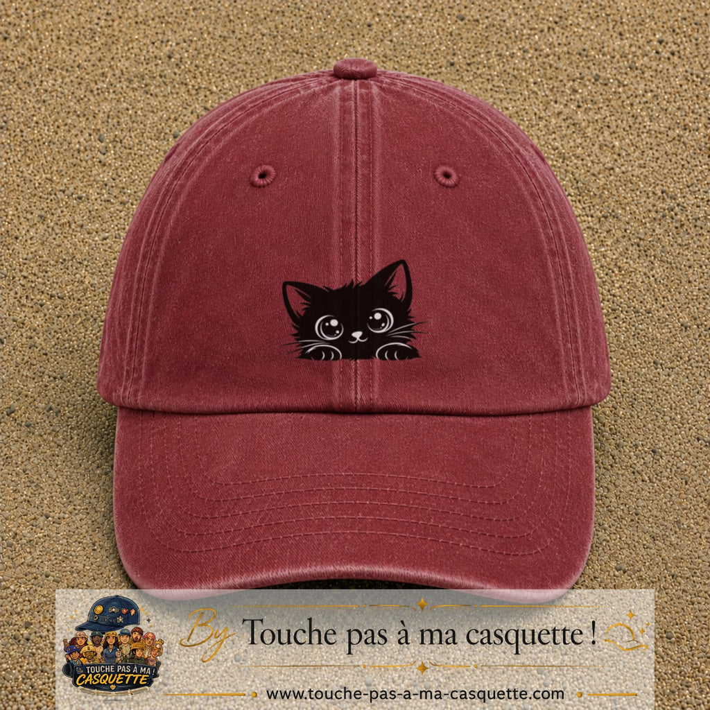 Casquette baseball Rouge délavé - Bordeaux délavé 100% coton avec visuel Chaton noir kawaii 5 cm - image produit principale