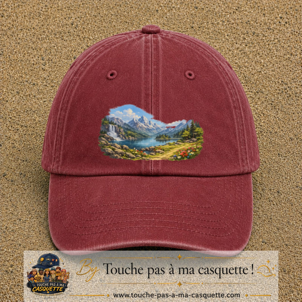 Casquette baseball Rouge délavé - Bordeaux délavé 100% coton avec motif Paysage montagne lac 7 cm - image principale