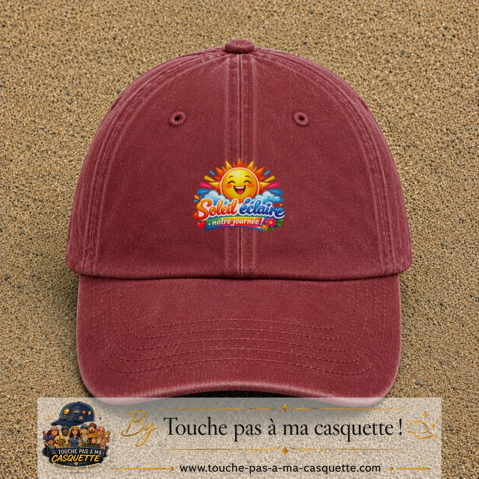 Casquette baseball Rouge délavé - Bordeaux délavé 100% coton avec motif Soleil éclaire notre journée 7 cm - image principale