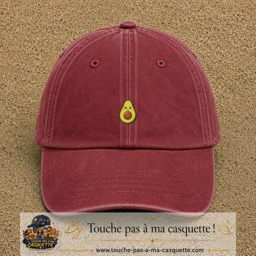 Casquette baseball Rouge délavé - Bordeaux délavé 100% coton avec visuel Avocat kawaii 3 cm - image produit principale