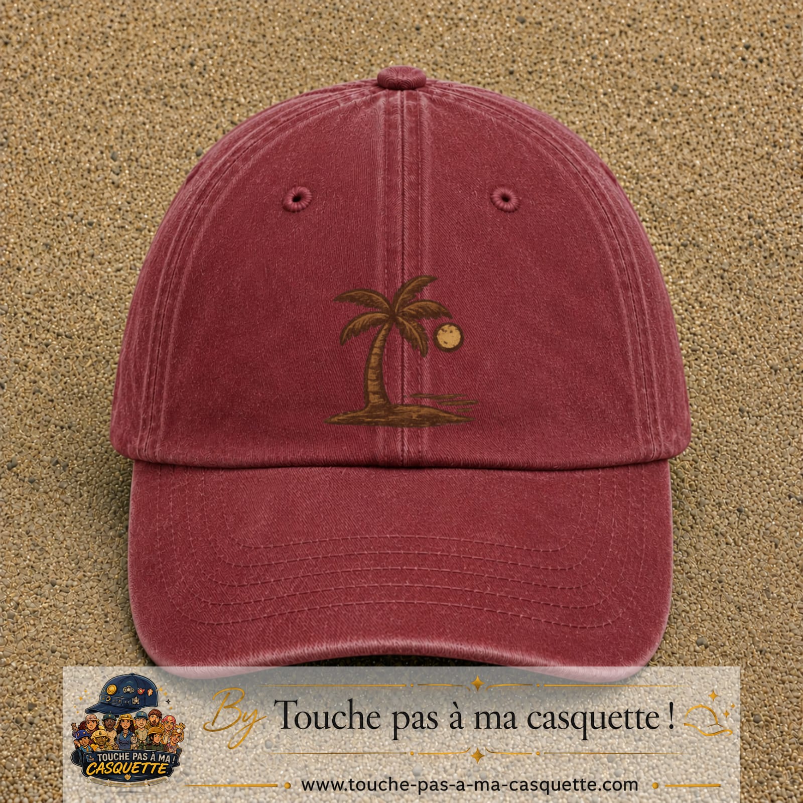 Casquette Rouge délavé - Bordeaux délavé 100% coton avec motif Palmier bohème 7 cm - image principale