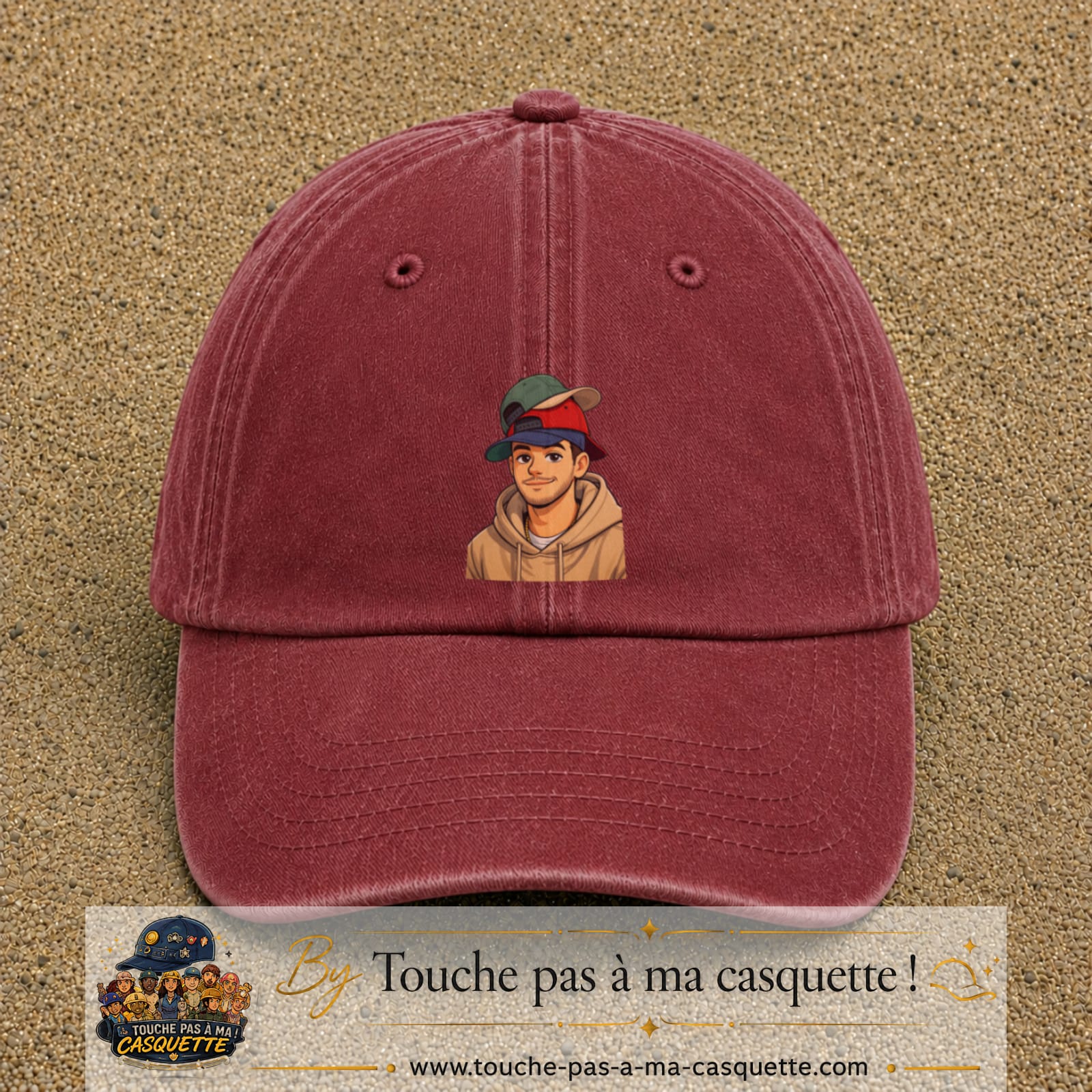 Casquette Rouge délavé - Bordeaux délavé 100% coton avec motif Portrait homme casquettes 7 cm - image principale