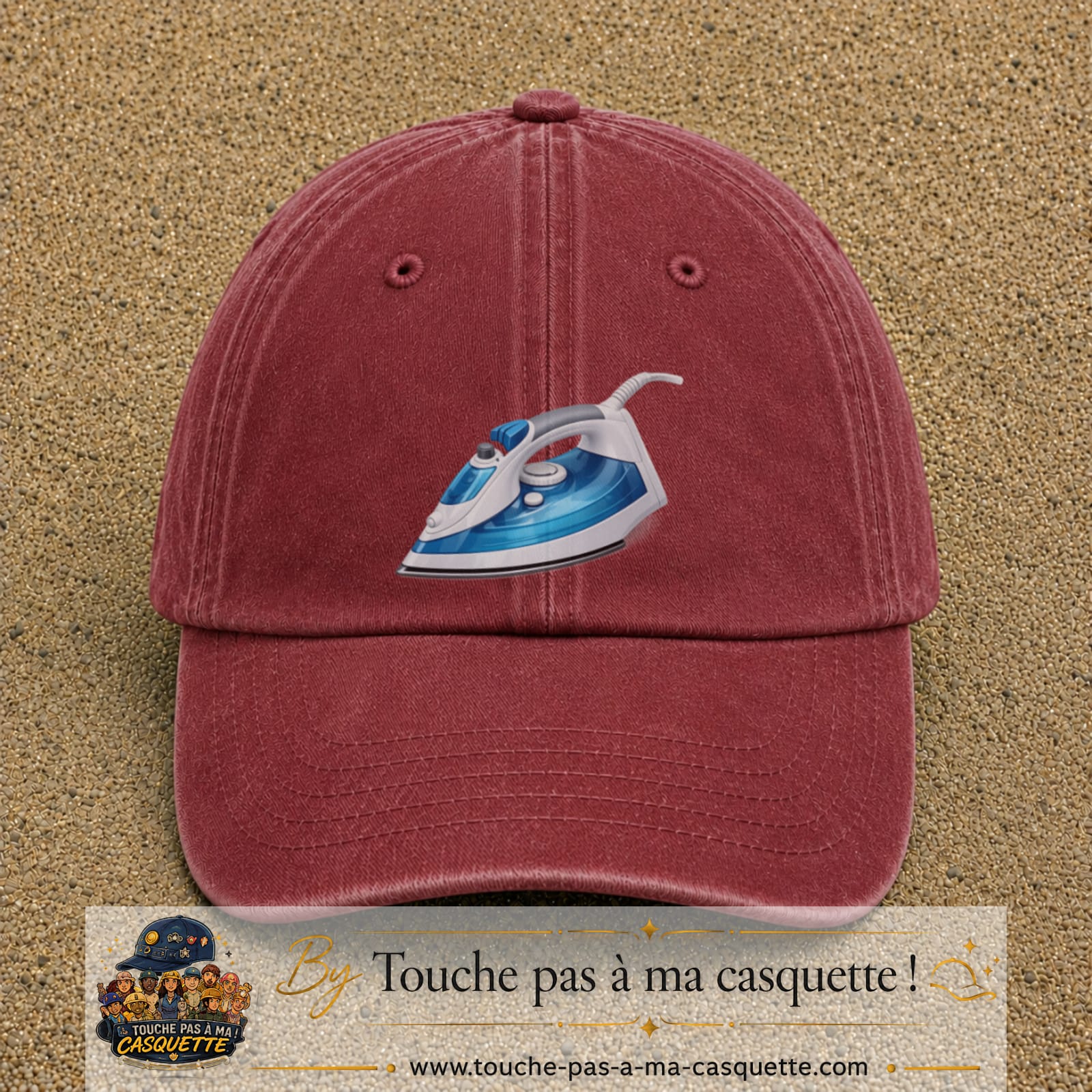 Casquette Rouge délavé - Bordeaux délavé 100% coton avec motif Fer à repasser bleu 7 cm - image principale