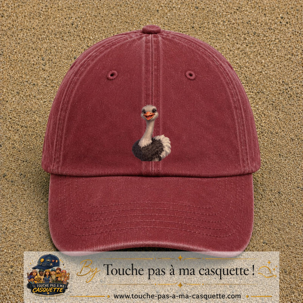 Casquette Rouge délavé - Bordeaux délavé 100% coton avec motif Autruche souriante 7 cm - image principale