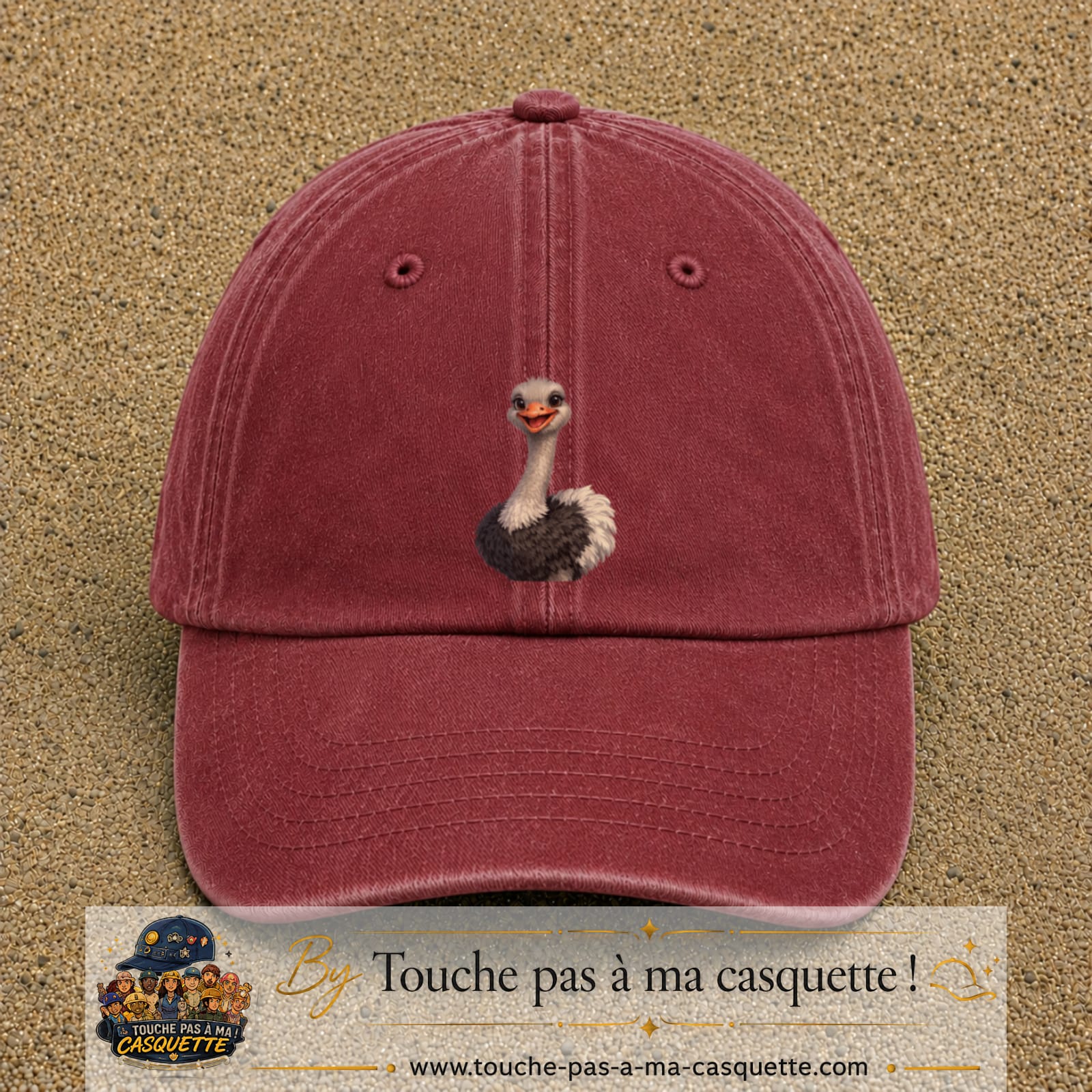 Casquette Rouge délavé - Bordeaux délavé 100% coton avec motif Autruche souriante 7 cm - image principale