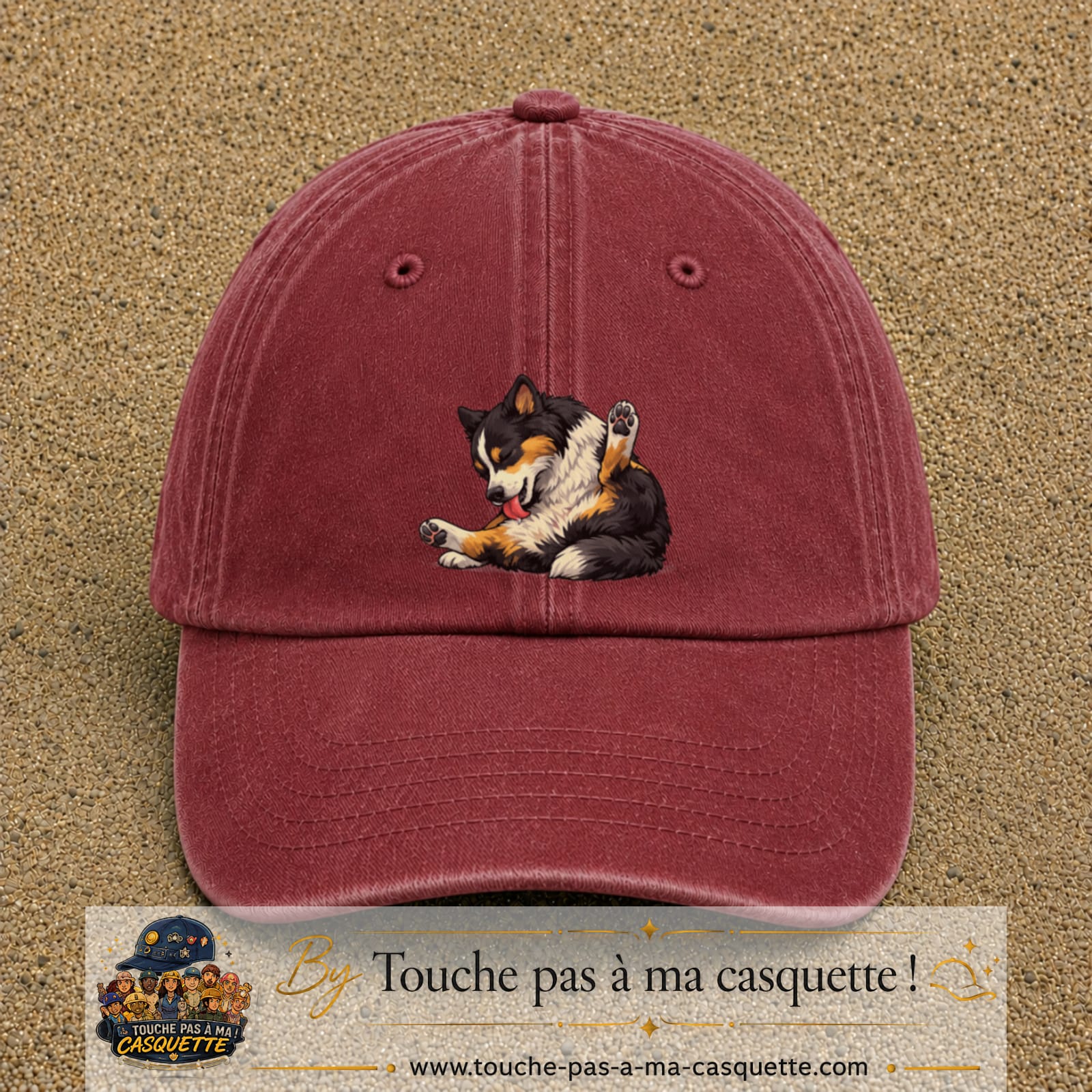 Casquette baseball Rouge délavé - Bordeaux délavé 100% coton avec motif Chien joueur 7 cm - image principale