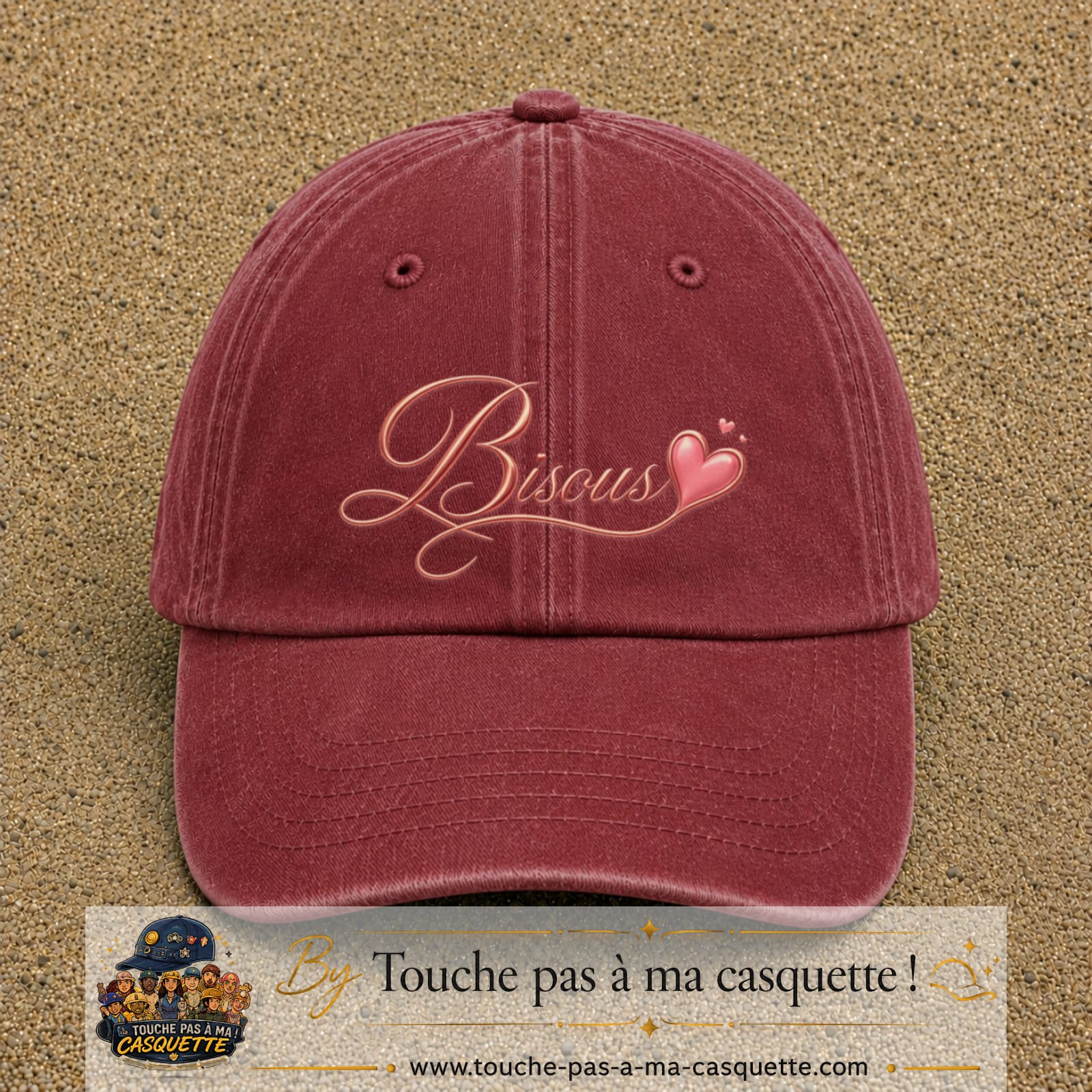 Casquette baseball Rouge délavé - Bordeaux délavé 100% coton avec visuel Bisous cœur 7 cm - image produit principale