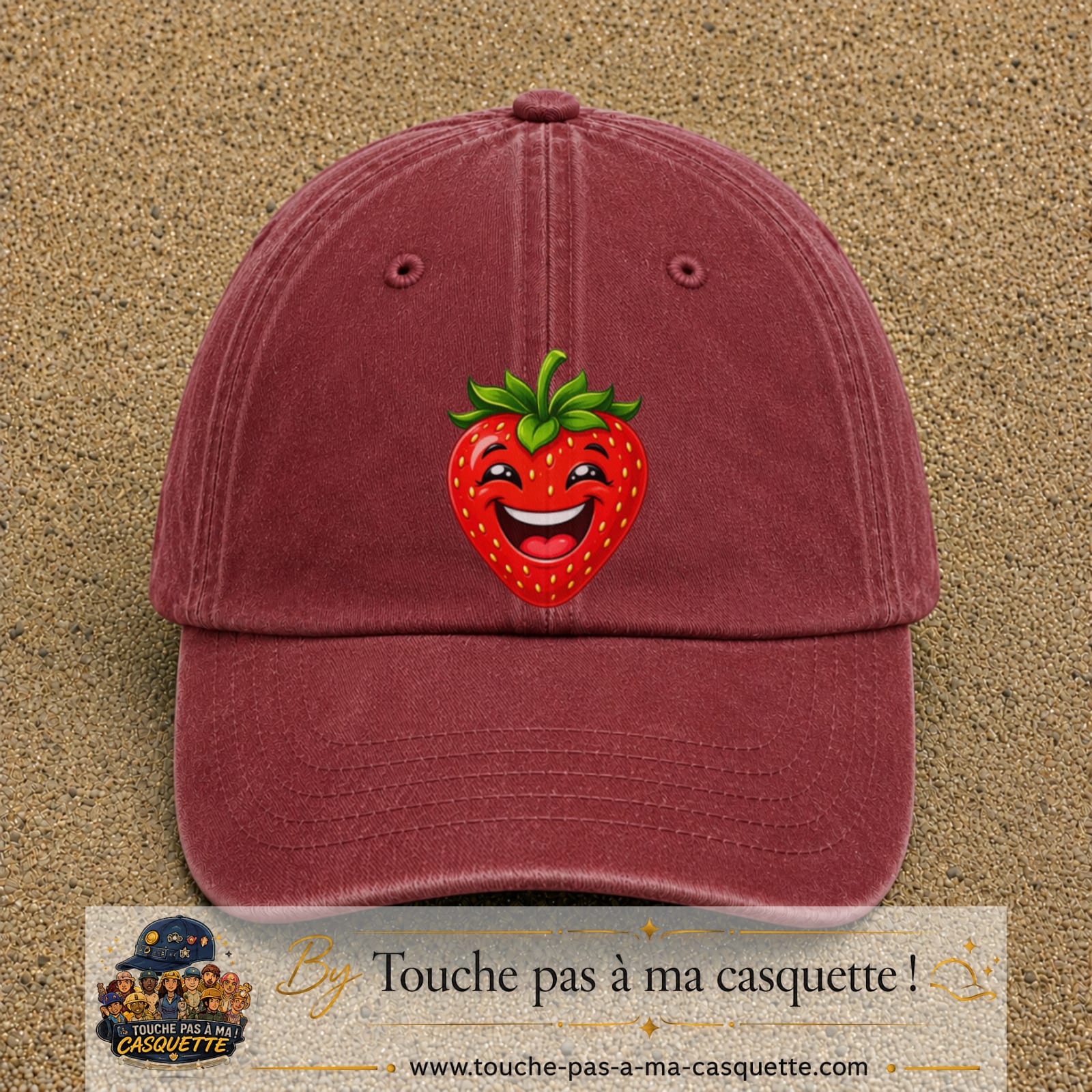 Casquette baseball Rouge délavé - Bordeaux délavé 100% coton avec motif Fraise souriante 7 cm - image principale