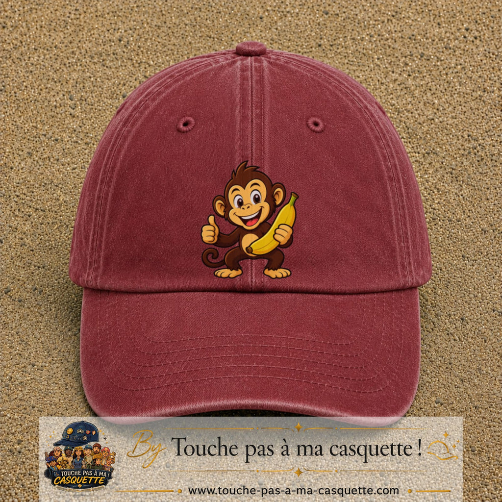 Casquette baseball Rouge délavé - Bordeaux délavé 100% coton avec motif Singe à la banane 7 cm - image principale