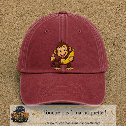 Casquette baseball Rouge délavé - Bordeaux délavé 100% coton avec motif Singe à la banane 7 cm - image principale