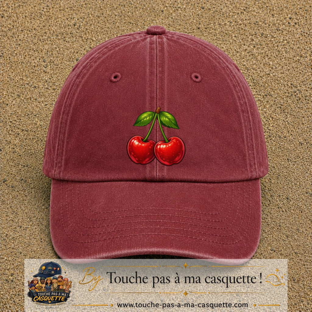Casquette baseball Rouge délavé - Bordeaux délavé 100% coton avec visuel Cerises 7 cm - image produit principale