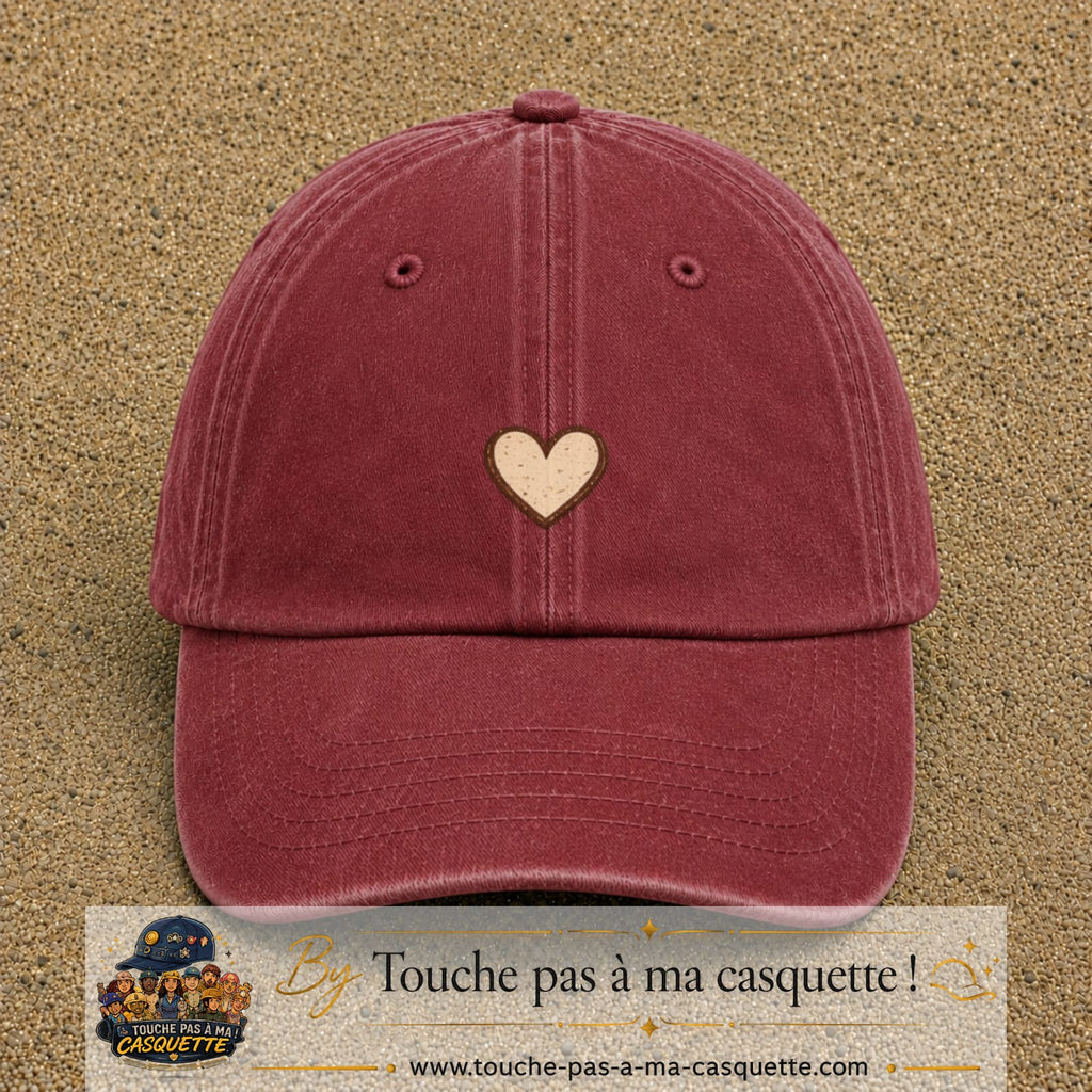Casquette Rouge délavé - Bordeaux délavé 100% coton avec motif Cœur bohème 3 cm - image principale