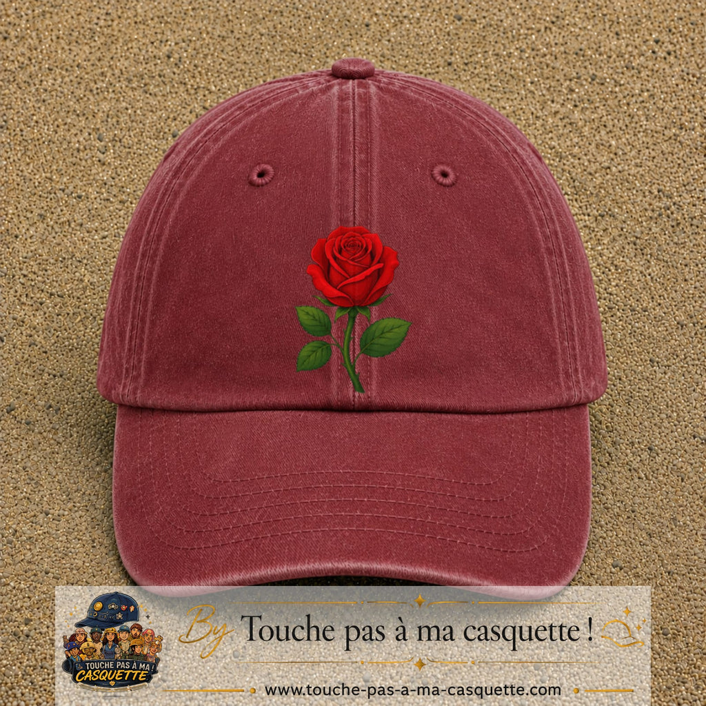 Casquette baseball Rouge délavé - Bordeaux délavé 100% coton avec motif Fleur de rose 7 cm - image principale