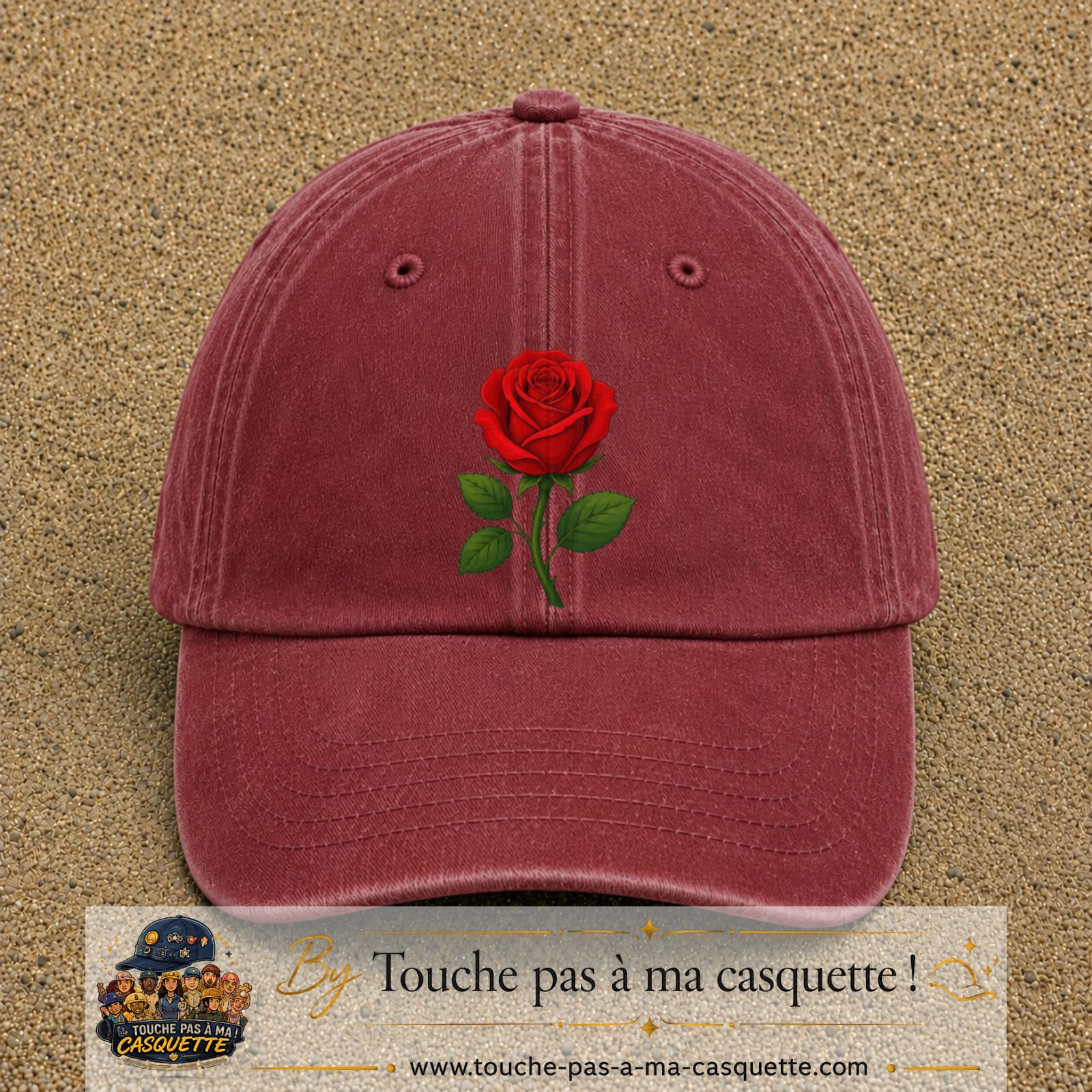 Casquette baseball Rouge délavé - Bordeaux délavé 100% coton avec motif Fleur de rose 7 cm - image principale