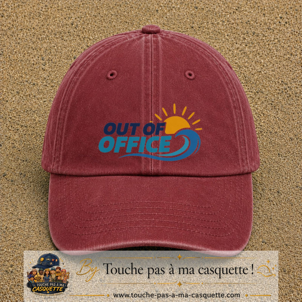 Casquette Rouge délavé - Bordeaux délavé 100% coton avec motif Out of Office vague soleil 7 cm - image principale