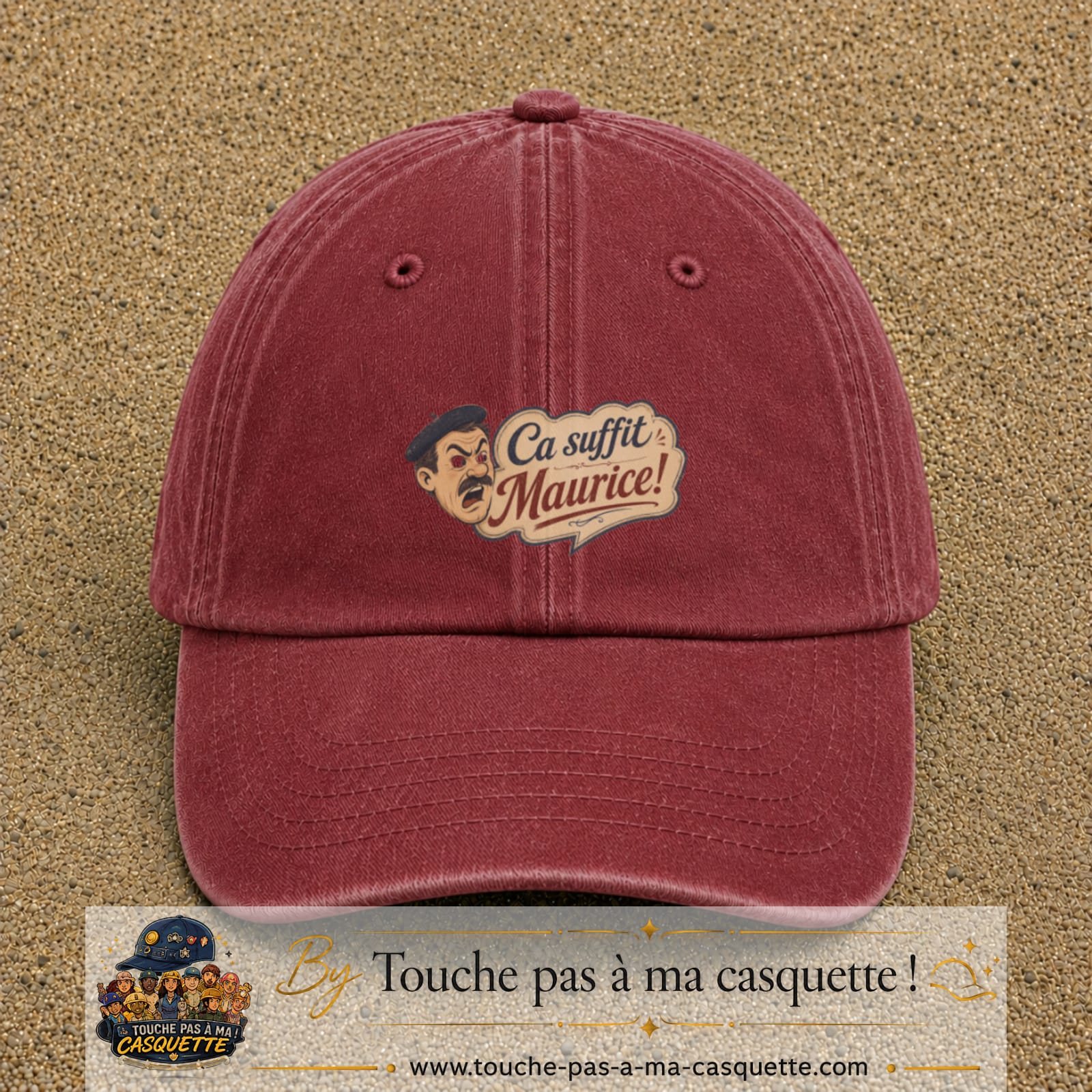 Casquette baseball Rouge délavé - Bordeaux délavé 100% coton avec visuel Ça suffit Maurice avec personnage 5 cm - image produit principale