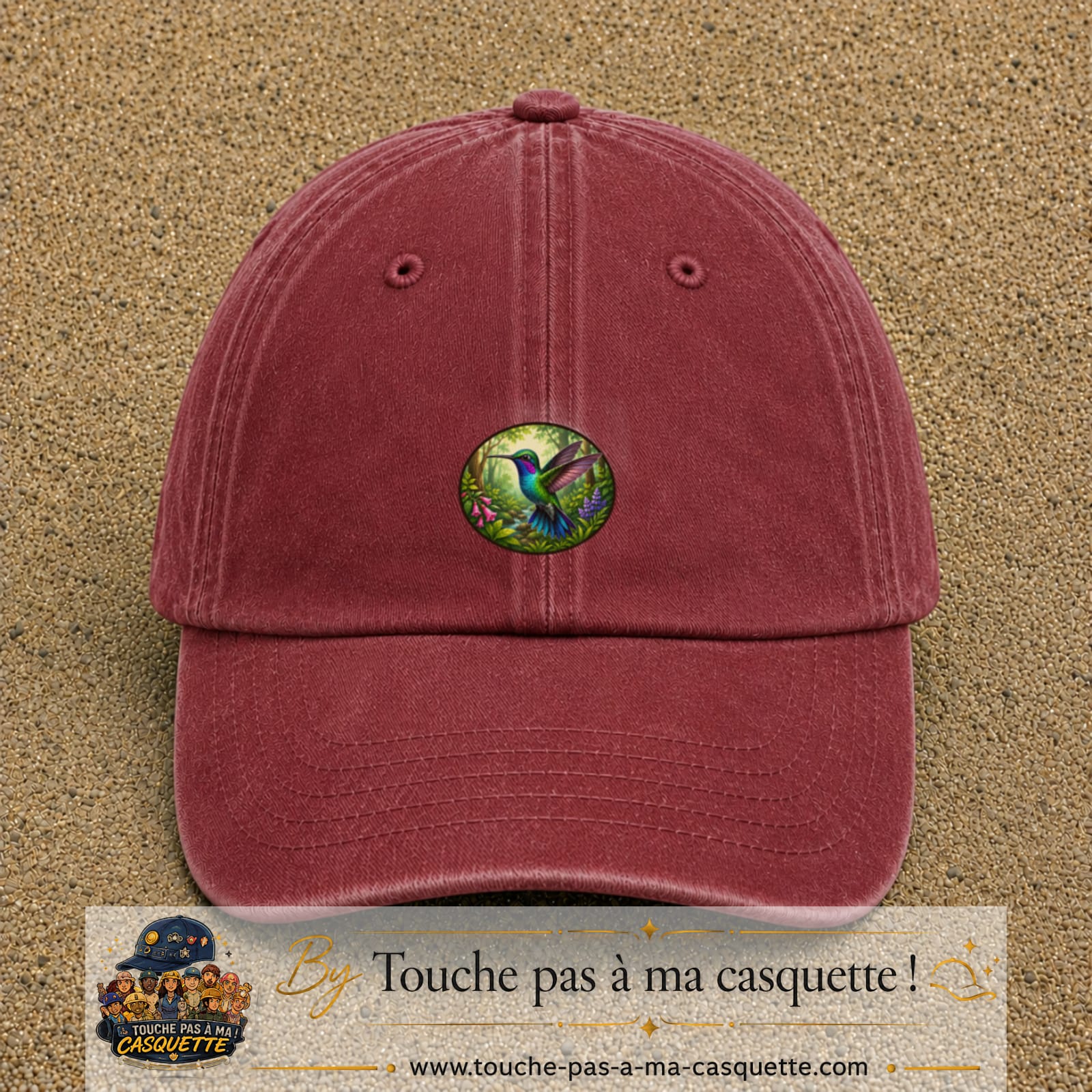 Casquette baseball Rouge délavé - Bordeaux délavé 100% coton avec visuel Colibri tropical 5 cm - image produit principale