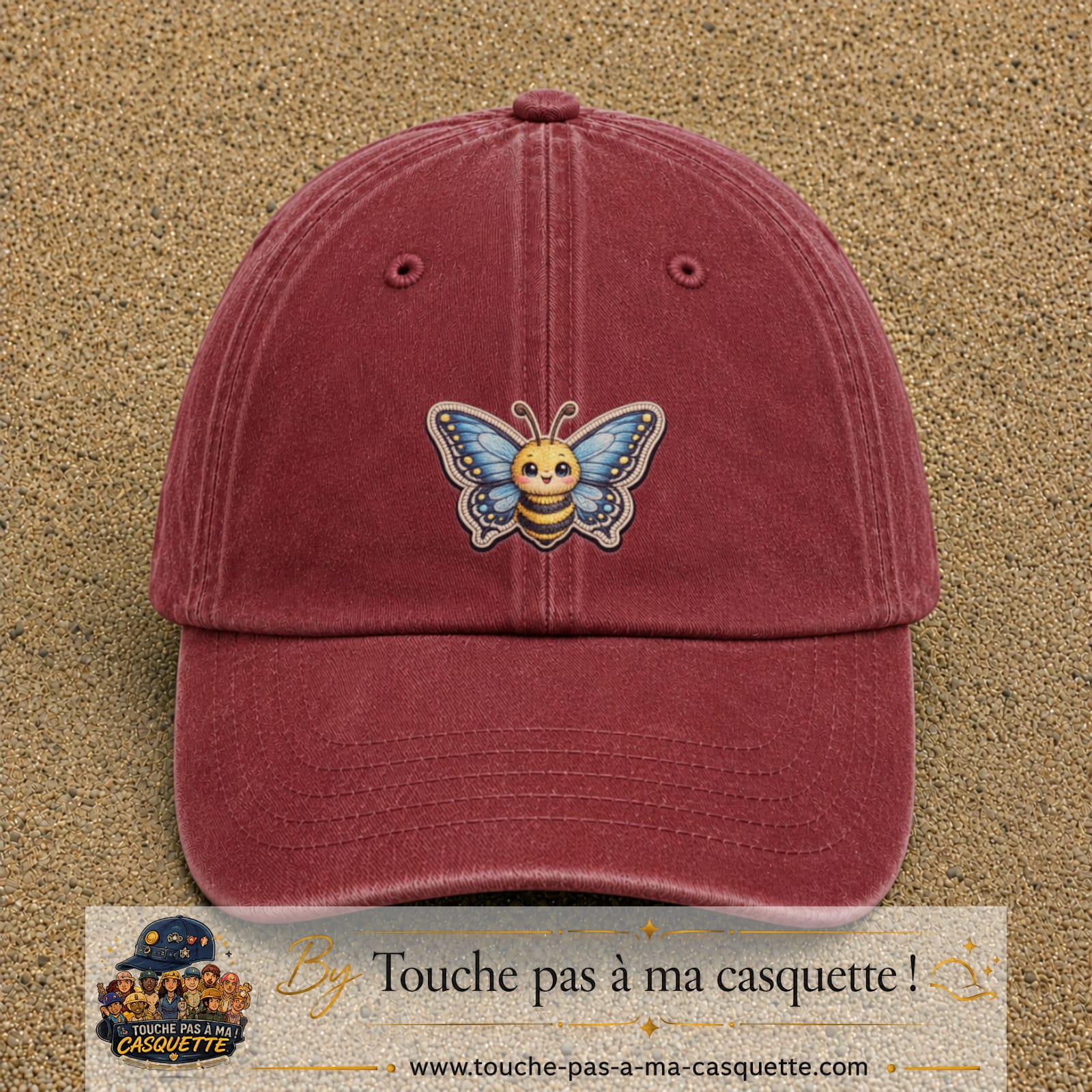 Casquette Rouge délavé - Bordeaux délavé motif Abeille papillon 5 cm - vue principale