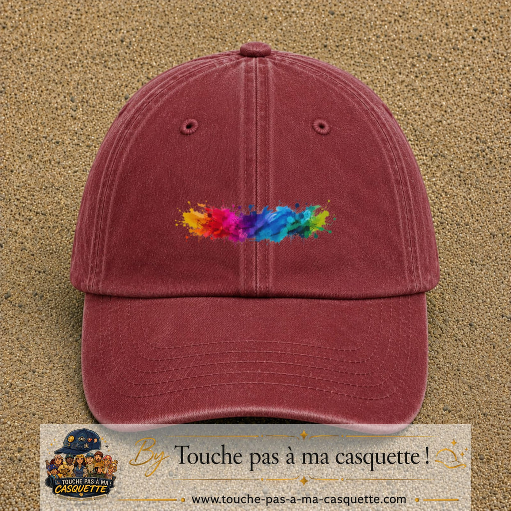 Casquette baseball Rouge délavé - Bordeaux délavé 100% coton avec visuel Éclaboussure peinture 3 cm - image produit principale