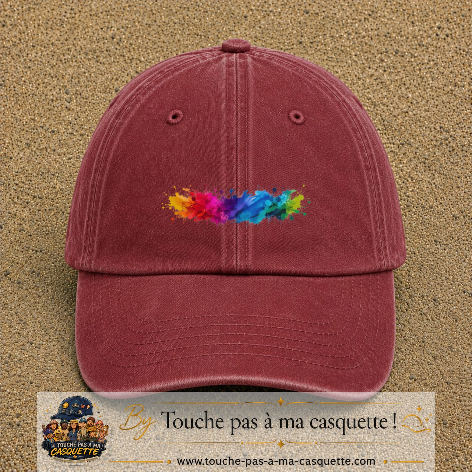 Casquette baseball Rouge délavé - Bordeaux délavé 100% coton avec visuel Éclaboussure peinture 3 cm - image produit principale