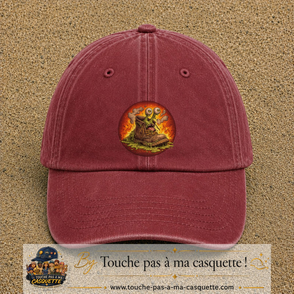 Casquette baseball Rouge délavé - Bordeaux délavé 100% coton avec visuel Chaussure monstre 7 cm - image produit principale