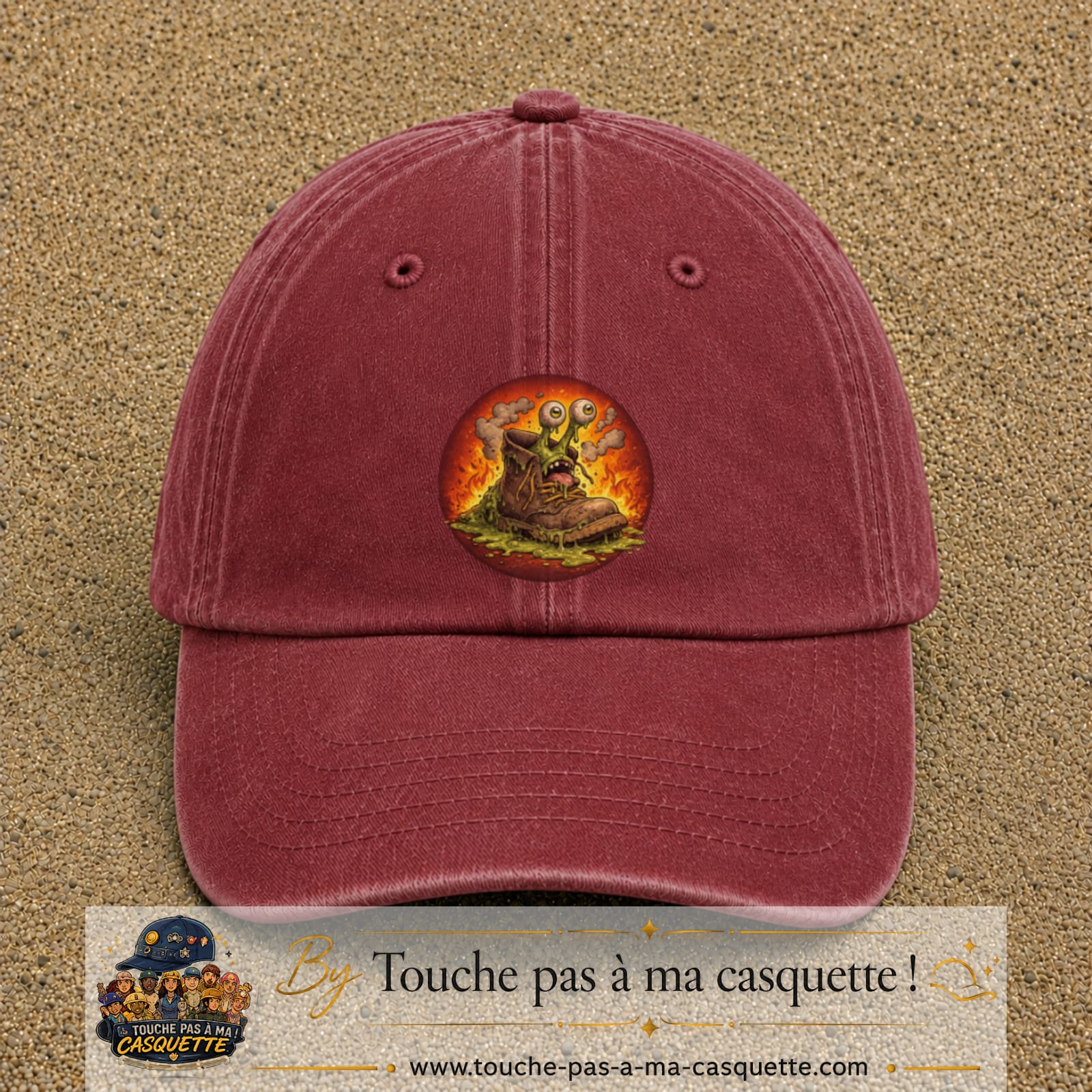 Casquette baseball Rouge délavé - Bordeaux délavé 100% coton avec visuel Chaussure monstre 7 cm - image produit principale