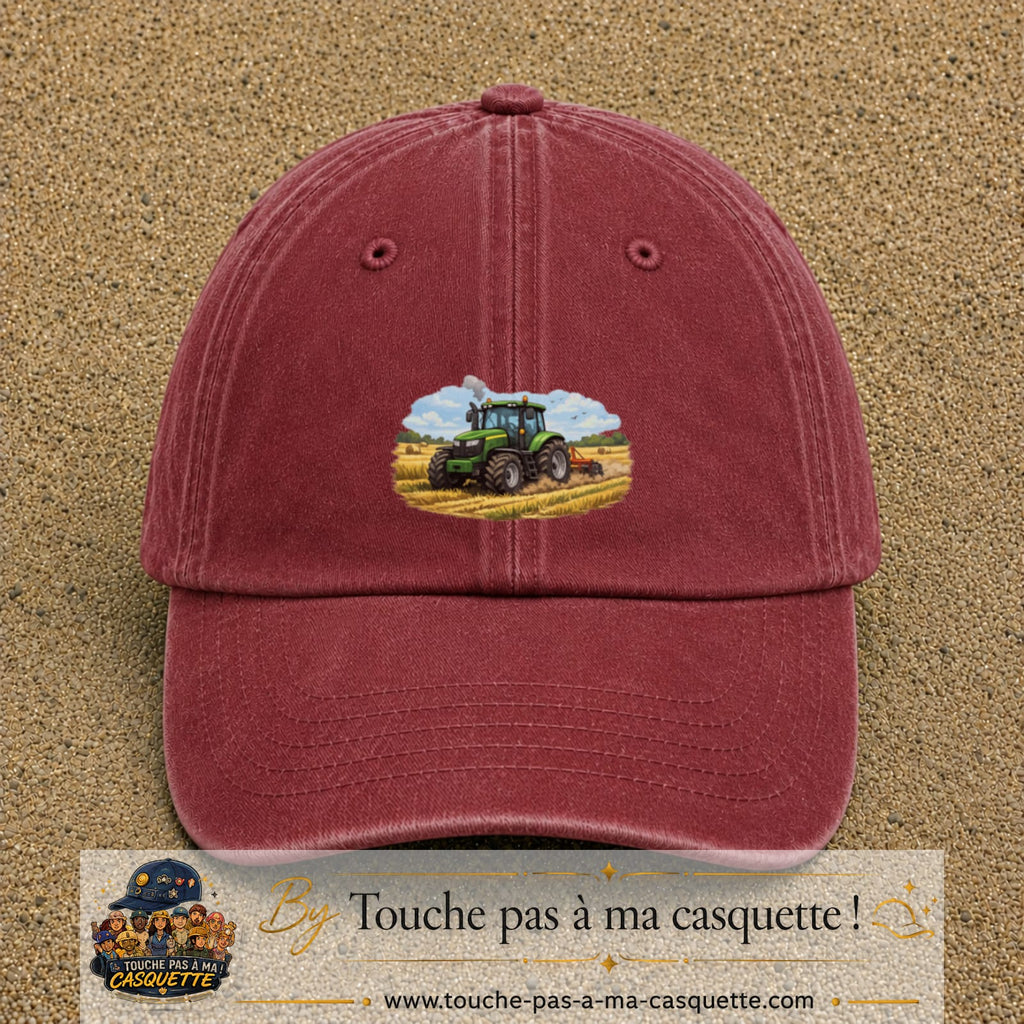 Casquette baseball Rouge délavé - Bordeaux délavé 100% coton avec motif Tracteur agricole 5 cm - image principale