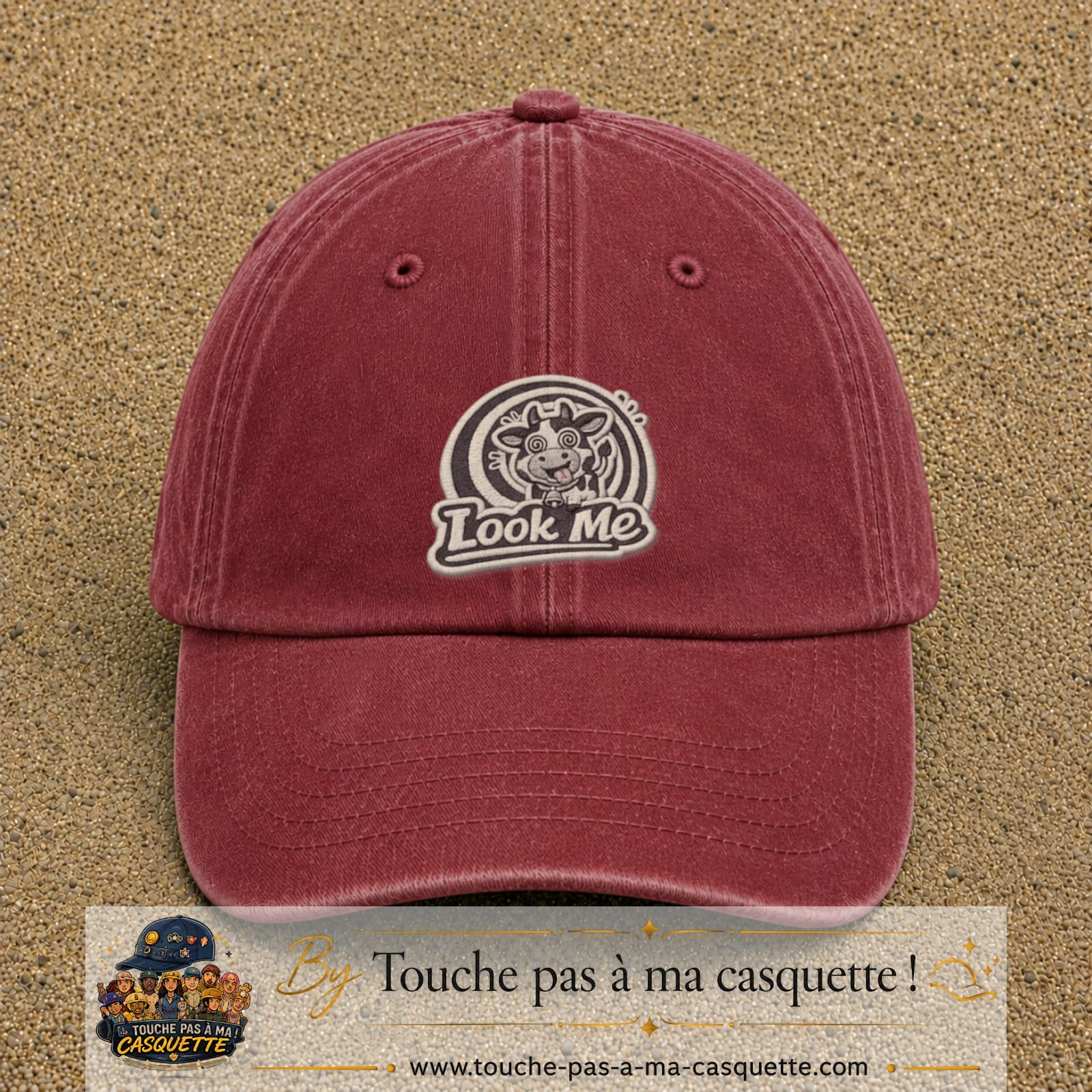 Casquette Rouge délavé - Bordeaux délavé motif Look Me vache hypnotique 7 cm - vue principale