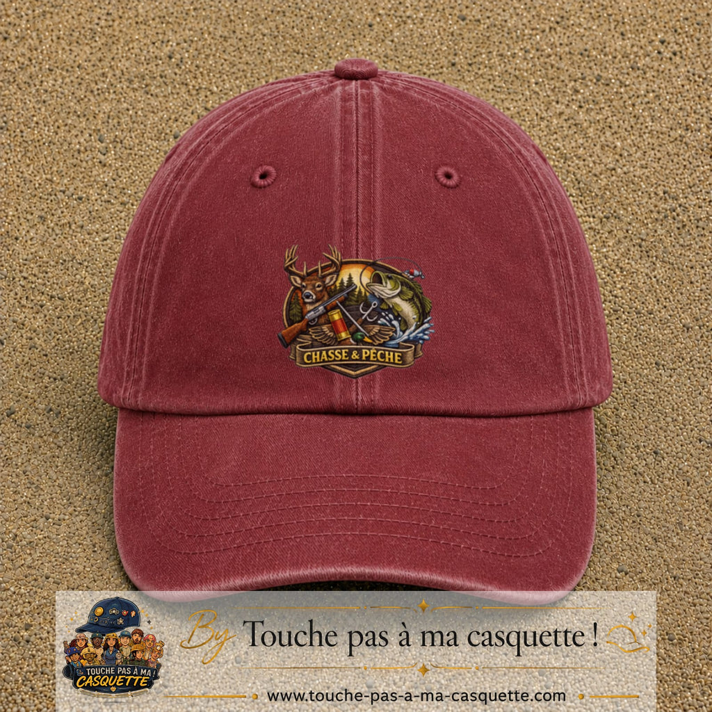 Casquette Rouge délavé - Bordeaux délavé motif Chasse et pêche 7 cm - vue principale